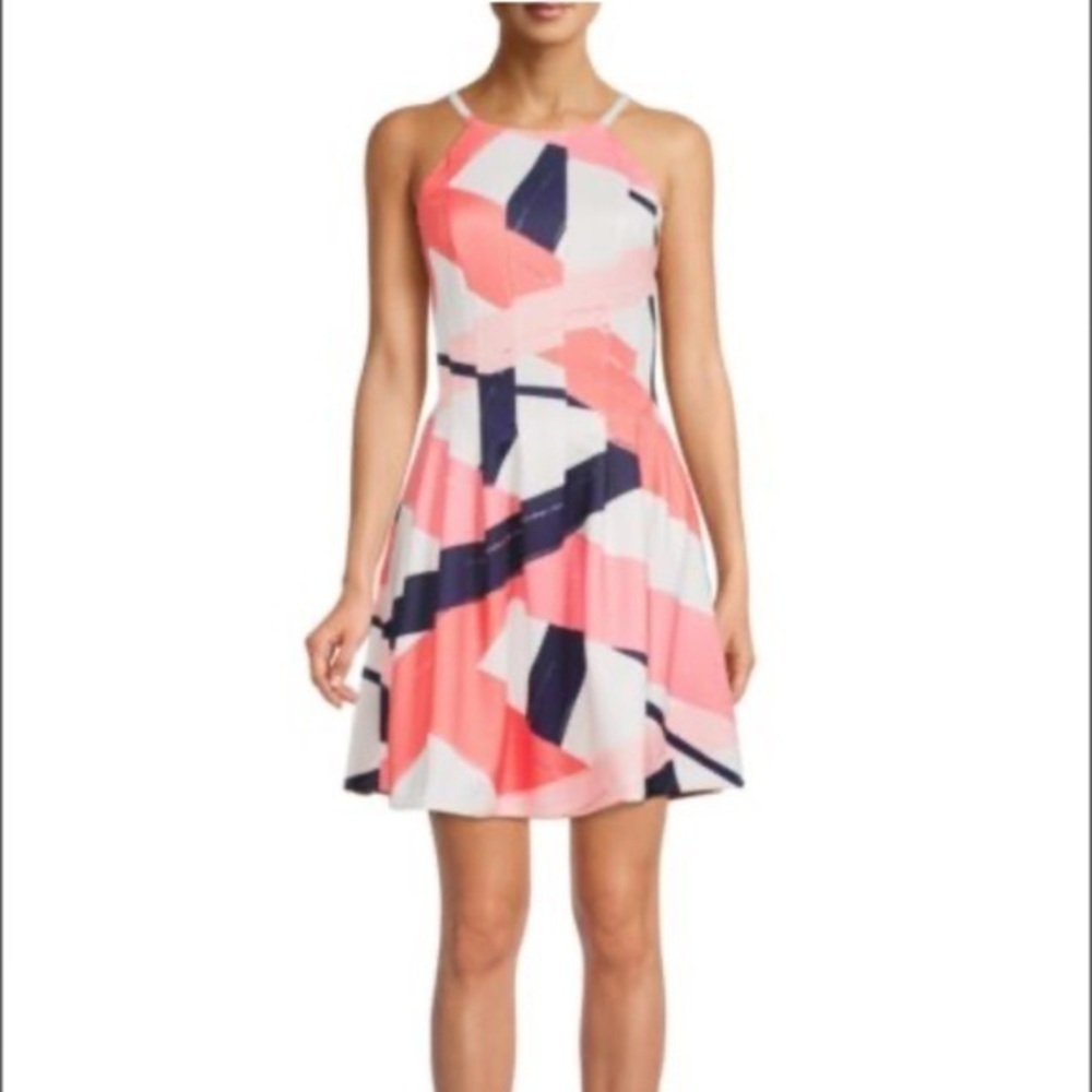 Beautiful Vince Camuto Brushstoke Fit and Flare Dress Coral, Blue, Pink Pastel
